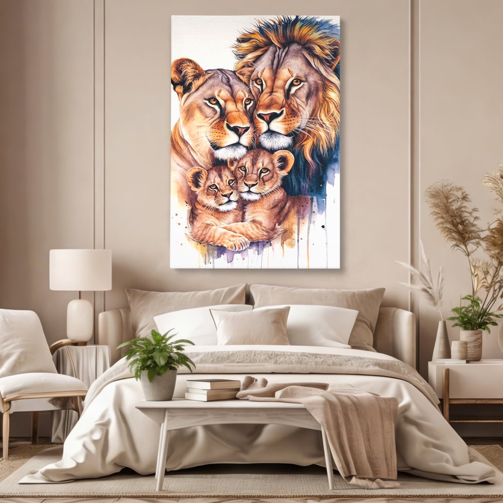 Tablou canvas cu tablou canvas cu familie de lei, fara rama, pe sasiu de lemn, pe perete intr-un dormitor
